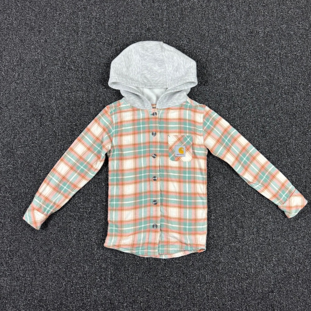 Carhartt Plaid Hooded Flannel Shirt Kids Size 5 Green Orange good